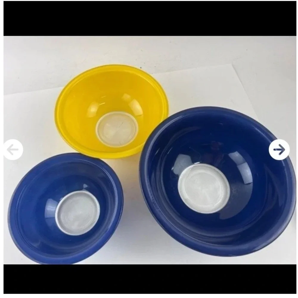 Vintage Pyrex 325 Clear Bottom Nesting Bowls Set Cobalt Blue Yellow Retro